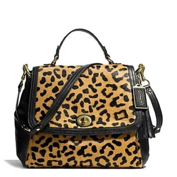 Coach Handbags - COACH Park Ocelot Haircalf Black Leather Turnlock Flap Satchel Bag